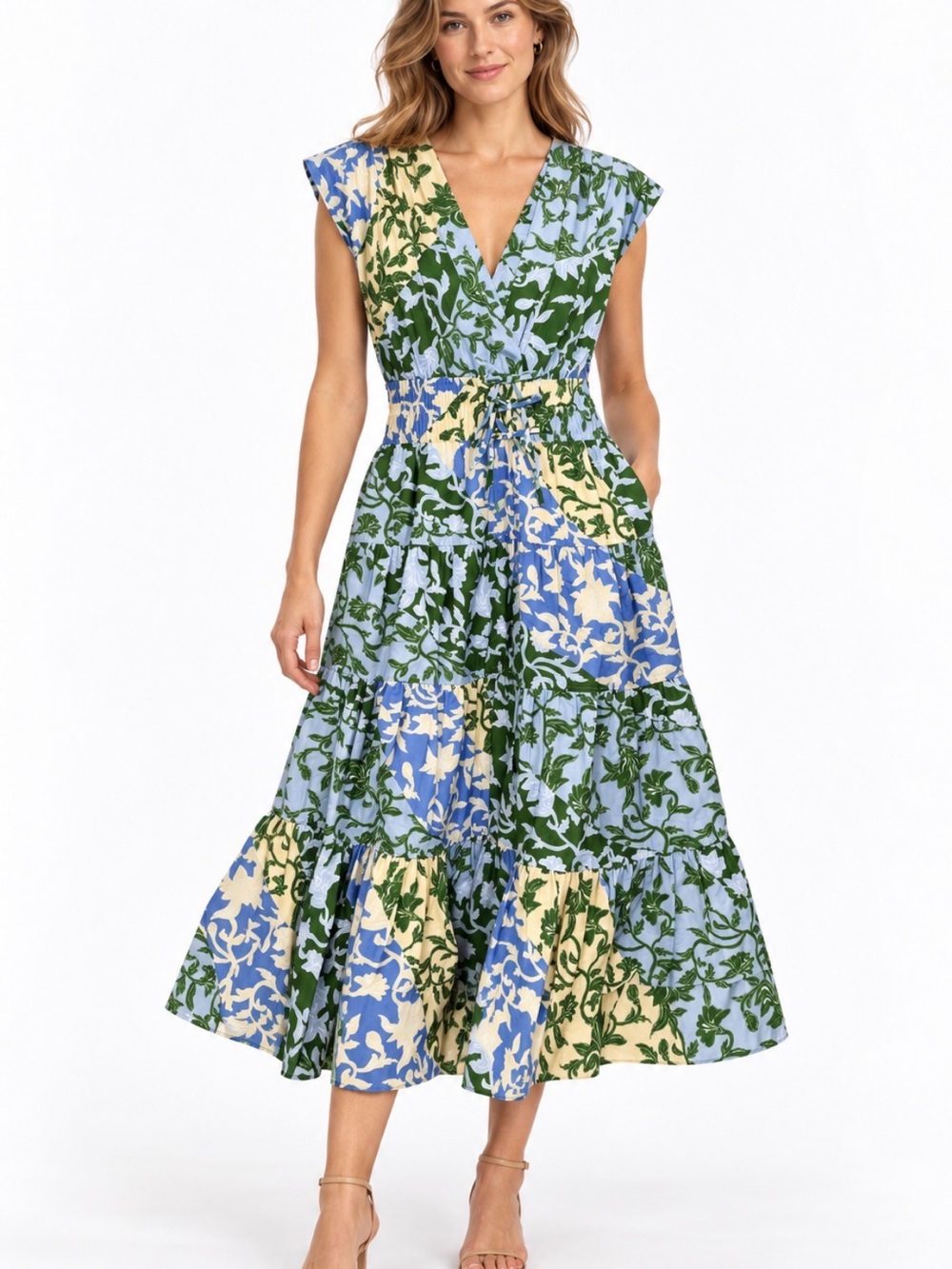 NWT Derek Lam 10 Crosby Fatima Blue Botanical Tiered Midi Dress Size 6